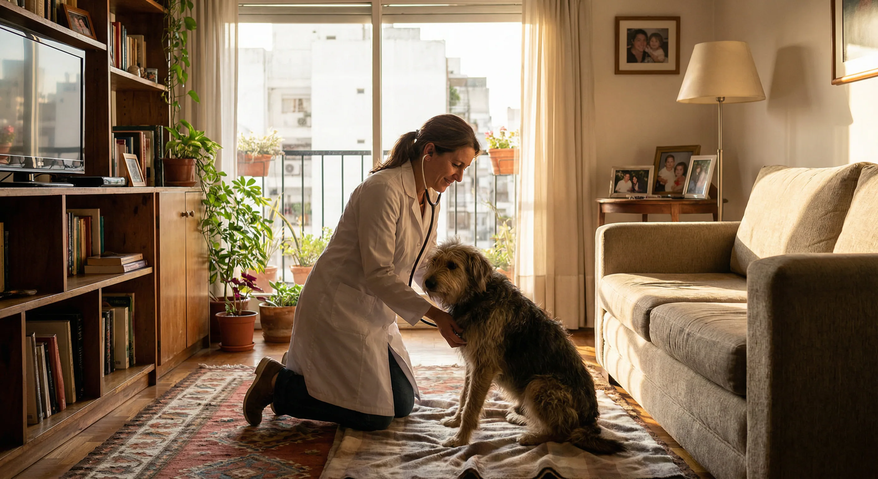 Veterinaria de DexVet auscultando a un perro en el living de su casa, en Buenos Aires